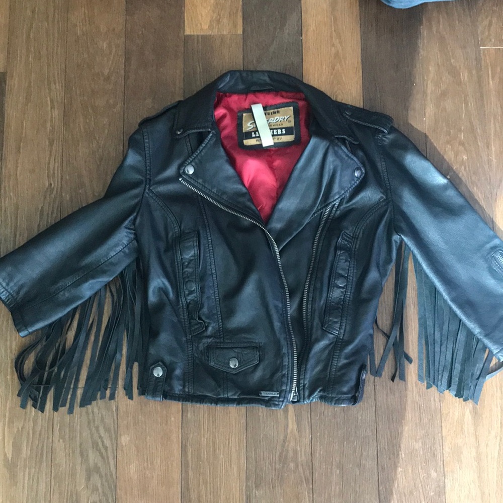 Superdry 3/4 sleeve fringe leather jacket